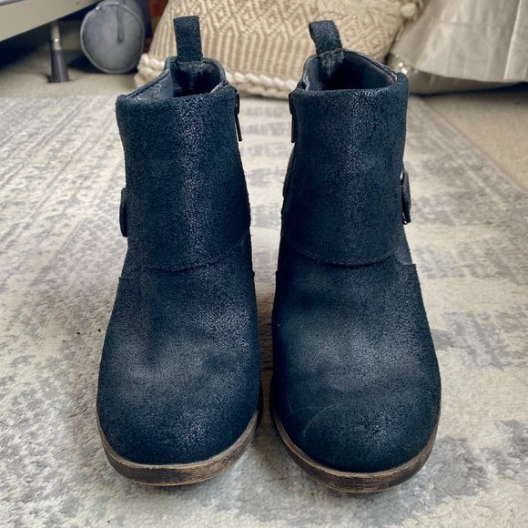 Lucky Brand Black Suede Leather Buckle Ankle Boots Stacked Heel - Picture 3 of 7